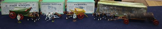 A collection of pre-war Britains Home Farm series models including a boxed farm wagon, boxed timber carriage, boxed tumbrel horse